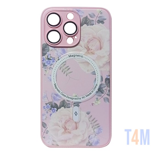 Capa Magnética com Desenho de Flores para Apple iPhone 14 Pro Max Rosa